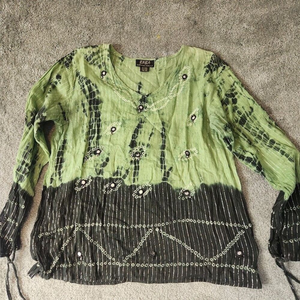 Baba Clothing Corp LA Womens Tunic Black Green Tie Dye Beaded Free Size (XS-M)